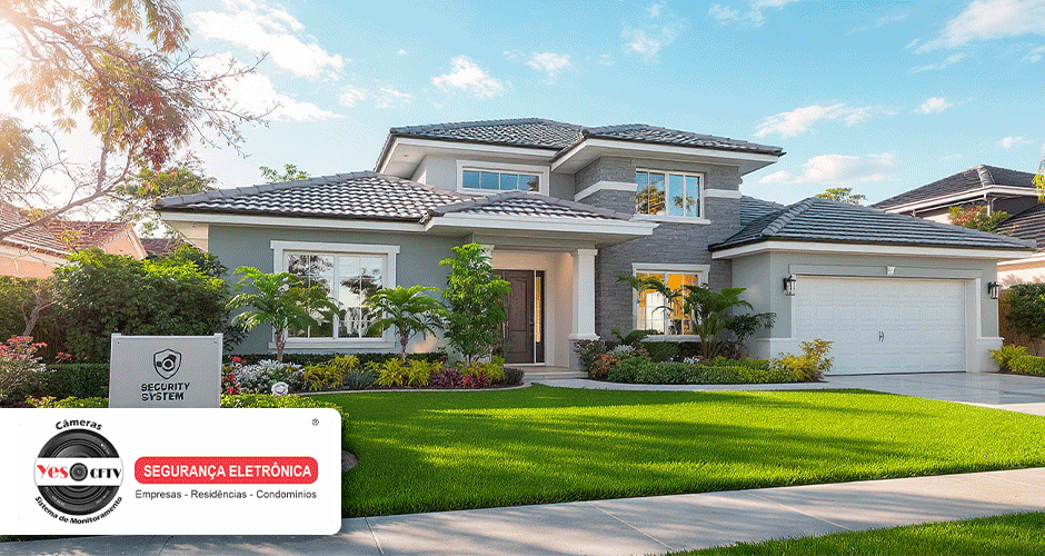 Fachada de casa com placa de sistema de segurança visível no jardim