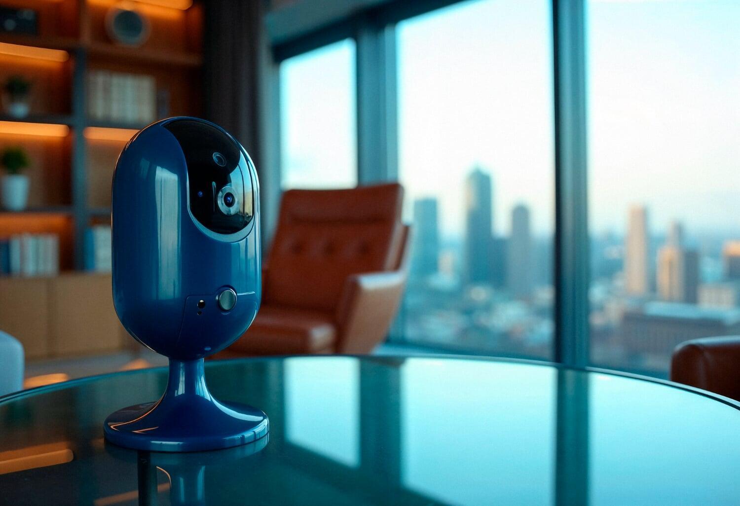 Câmera de segurança moderna com microfone posicionada sobre mesa de vidro em apartamento com vista para cidade