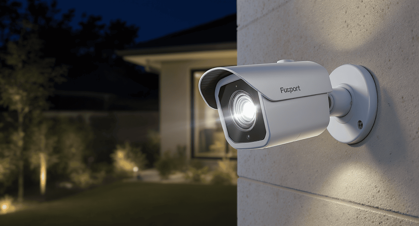 Câmera IP externa com luz ativada durante a noite em área residencial com jardim