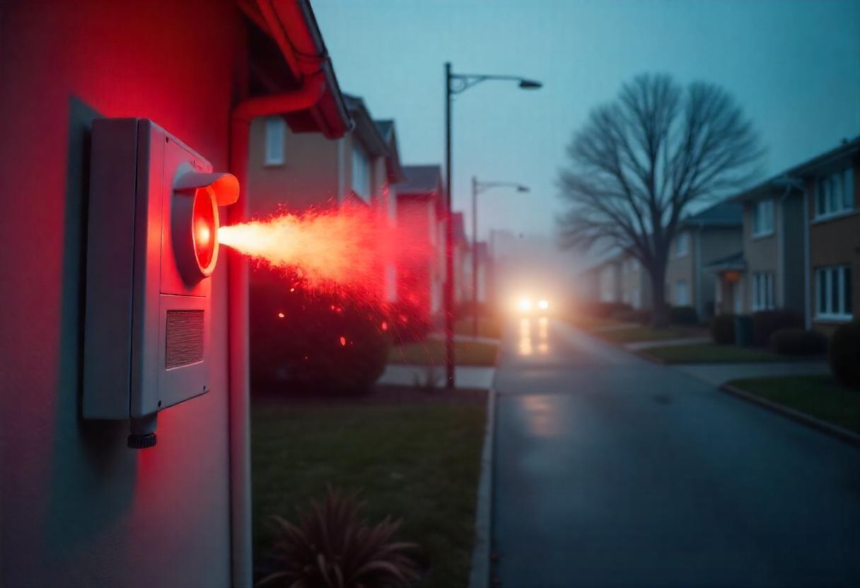 Sirene de alarme em funcionamento emitindo luz vermelha intensa em bairro residencial