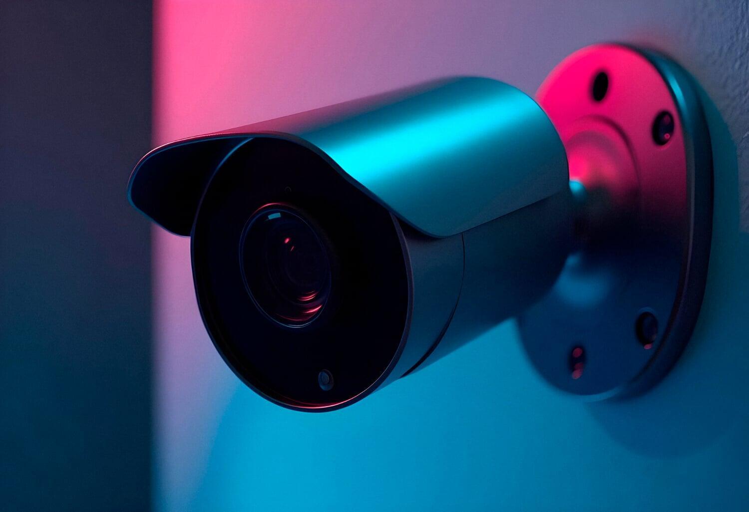 Câmera de segurança em close com iluminação azul e rosa, ideal para ambientes escuros