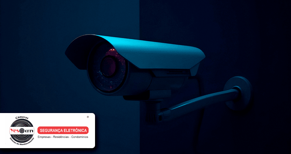 Câmera de vigilância externa funcionando no escuro com LED infravermelho ativo
