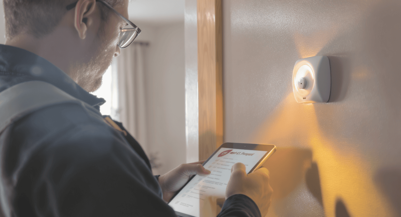 Técnico verificando sensor de alarme com tablet e checklist digital em ambiente interno