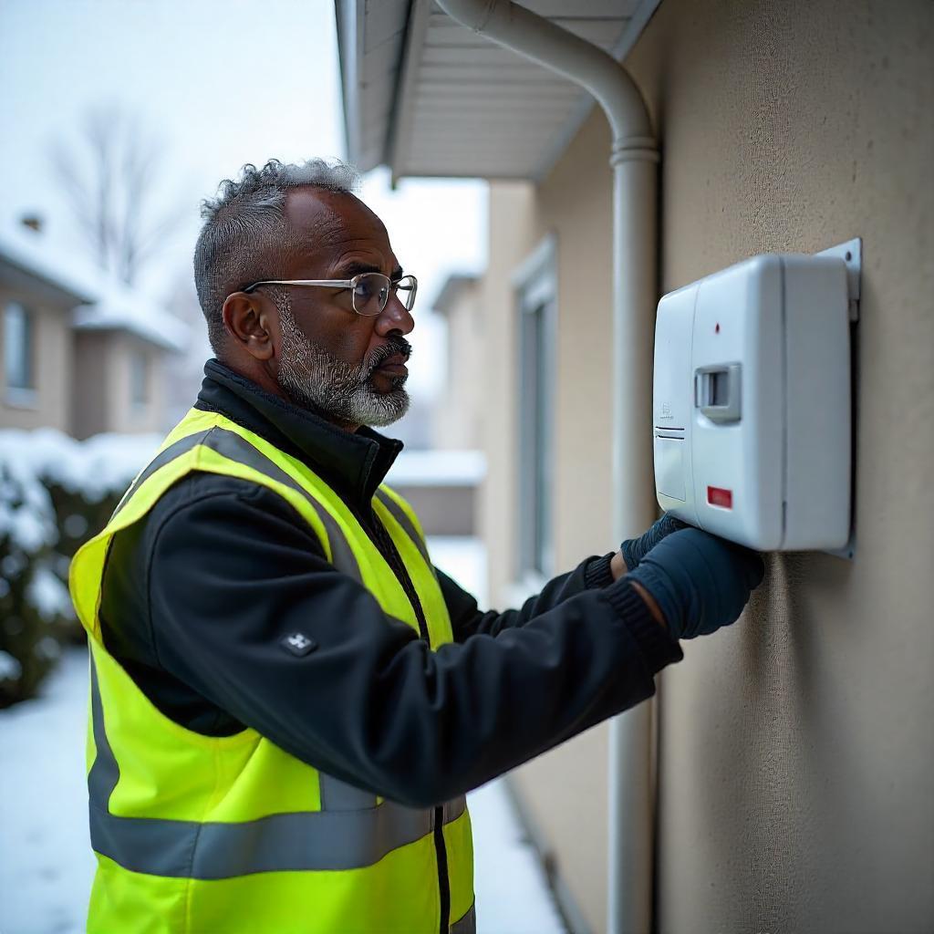 Técnico instala equipamento de segurança em parede externa