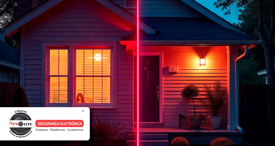Casa dividida visualmente com efeito de luz em ambiente noturno