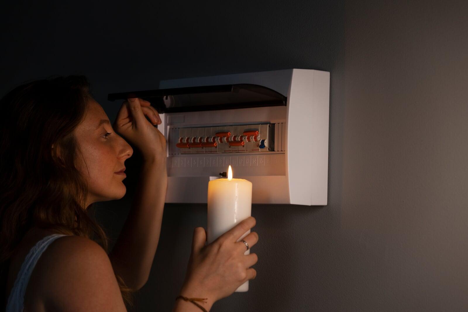 Mulher segura vela enquanto verifica o quadro de disjuntores durante queda de energia