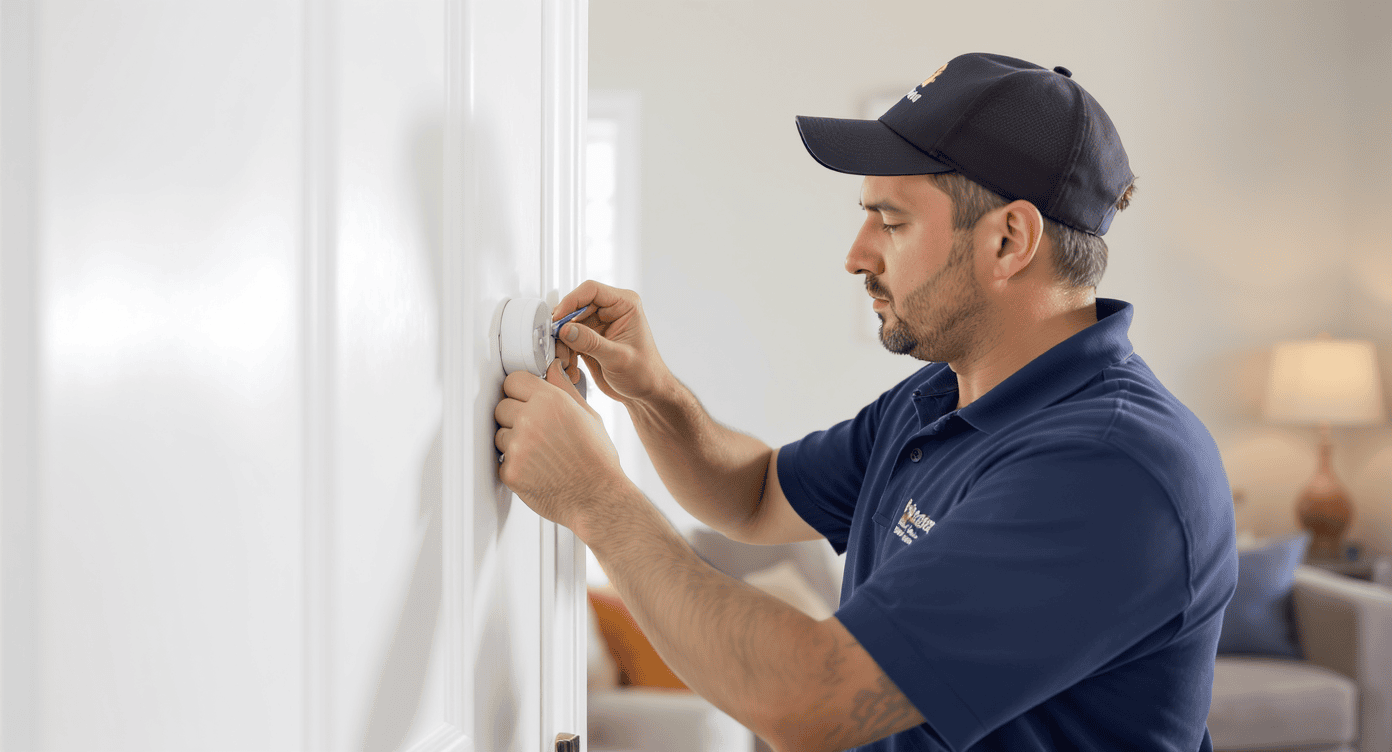 Técnico instalando sensor magnético de alarme em porta branca de residência