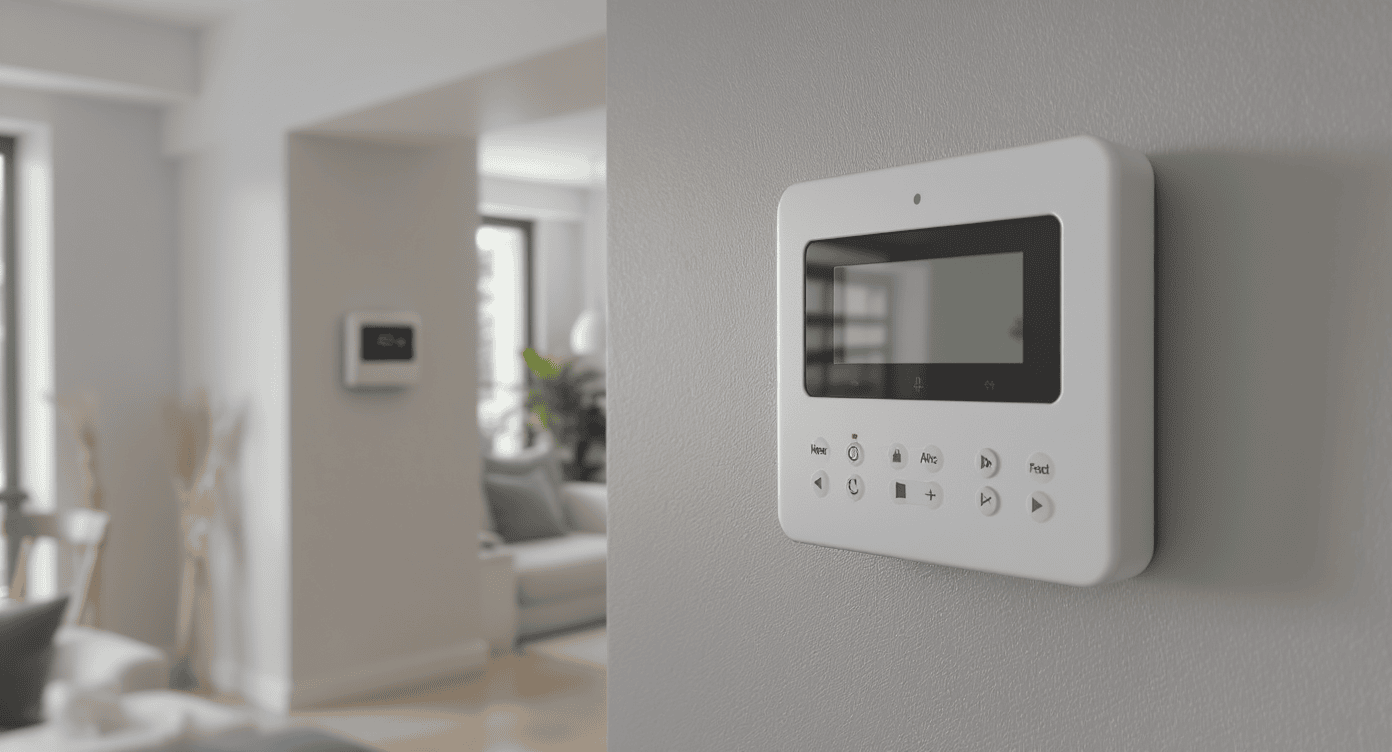 Painel de alarme instalado na parede de apartamento moderno