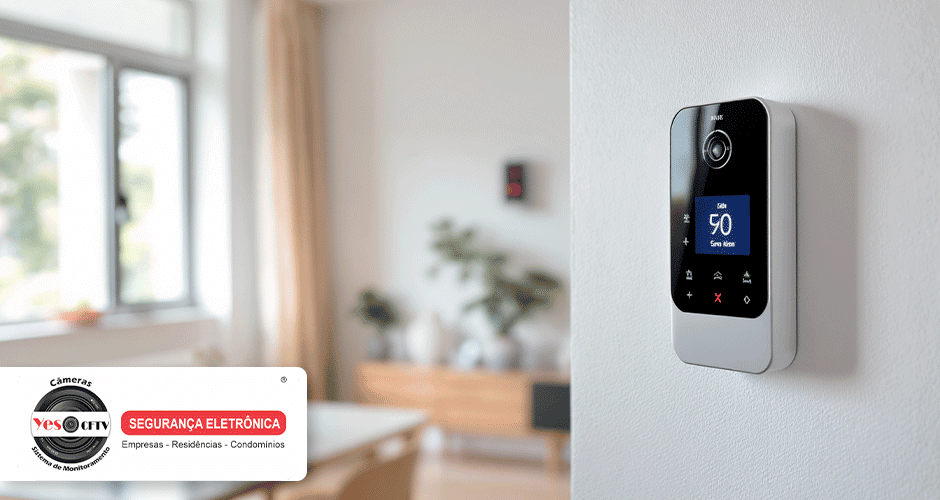 Central de alarme digital instalada em ambiente residencial claro