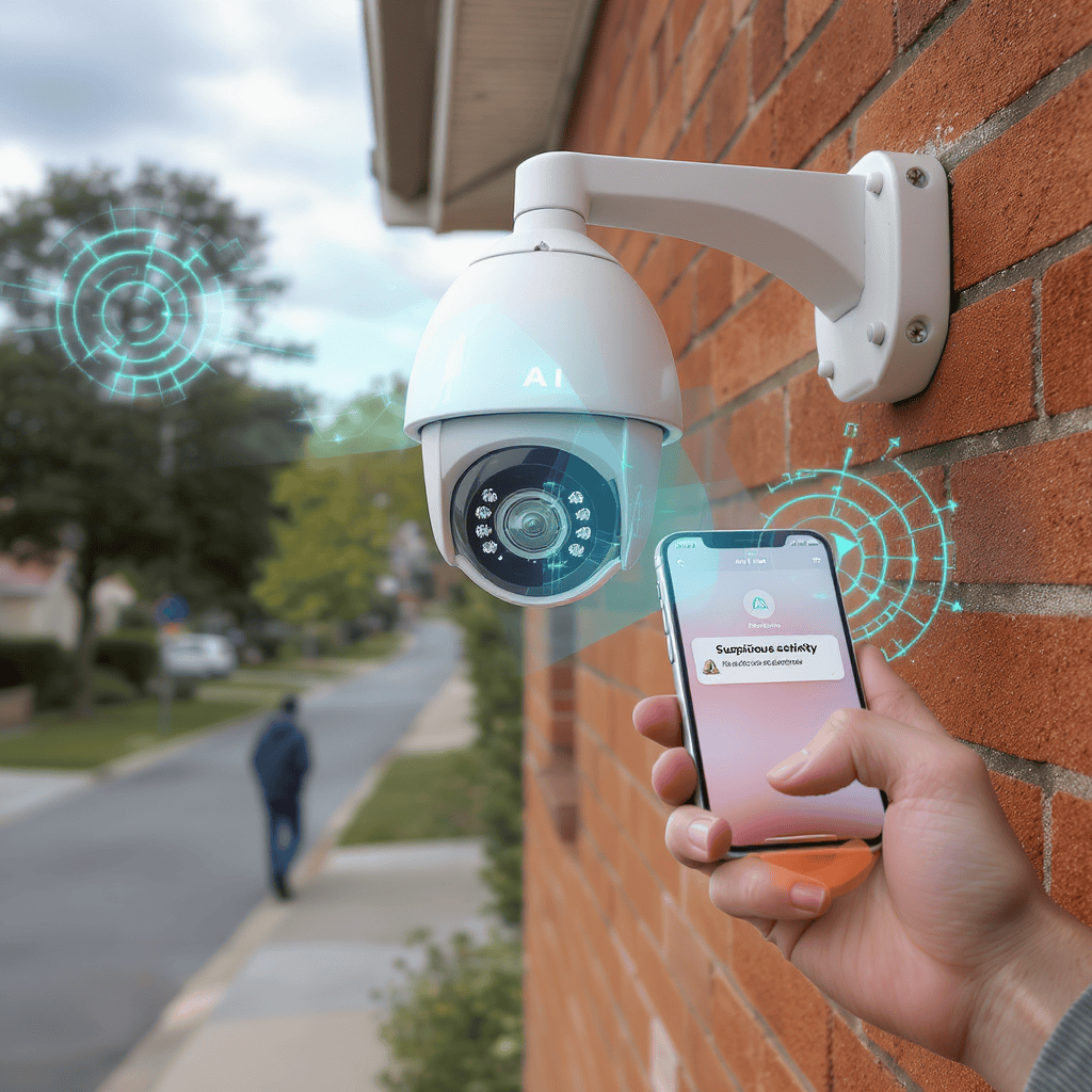 Câmera de segurança com IA monitorando residência e enviando notificações em tempo real para o celular do usuário