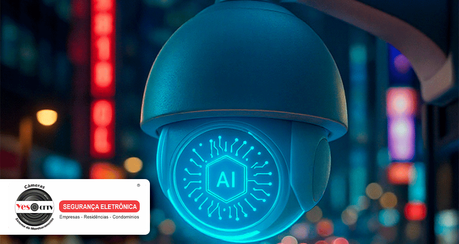 Câmera de segurança com inteligência artificial conectada a celular recebendo alerta de atividade suspeita