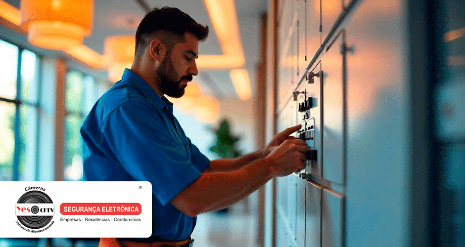 Técnico ajustando painel elétrico de segurança em condomínio