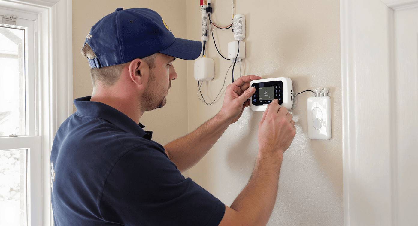 Técnico programando painel de alarme em parede interna