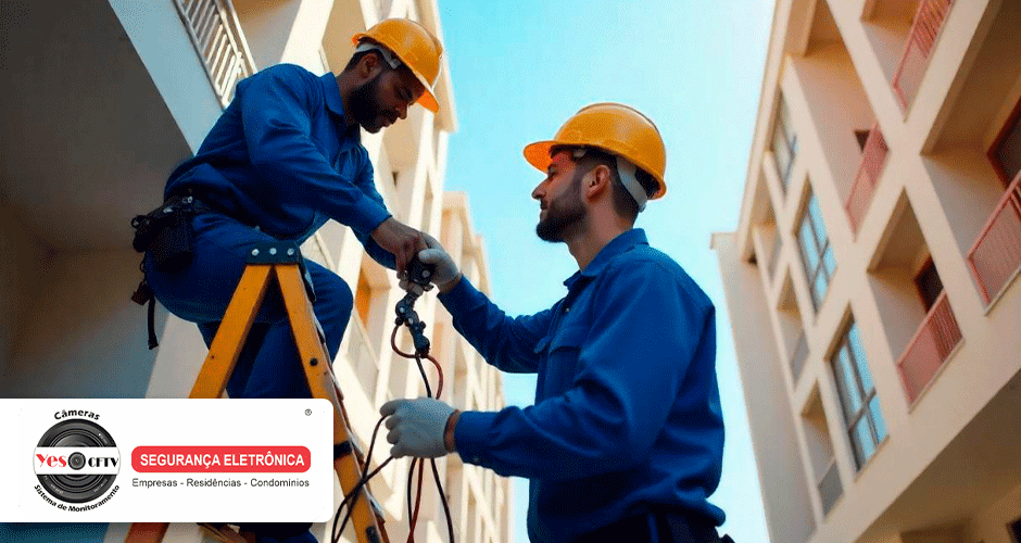Técnicos instalando sistema de câmeras de segurança em condomínio residencial