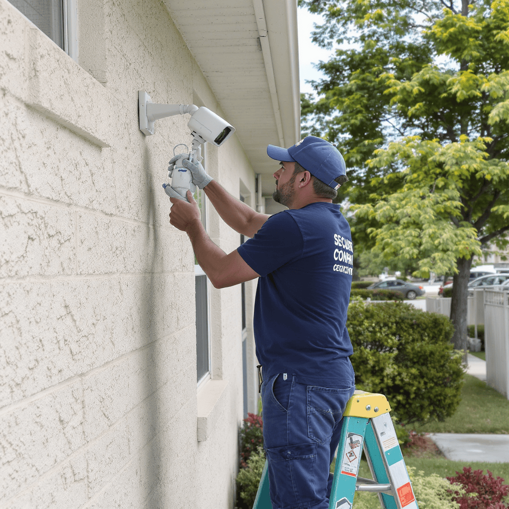 Técnico instalando câmera de segurança na fachada de condomínio residencial
