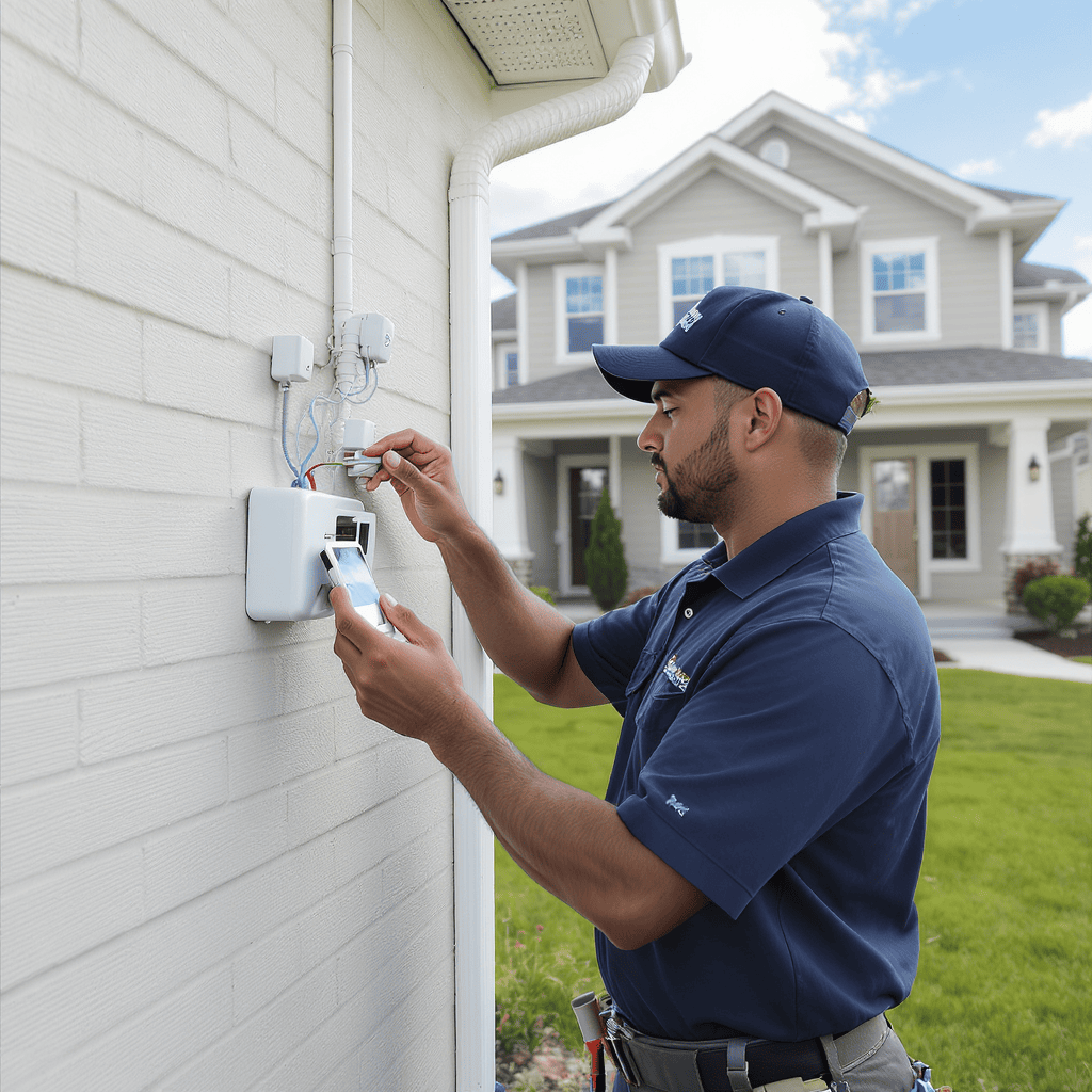Técnico realizando manutenção externa em painel de alarme residencial com auxílio de celular