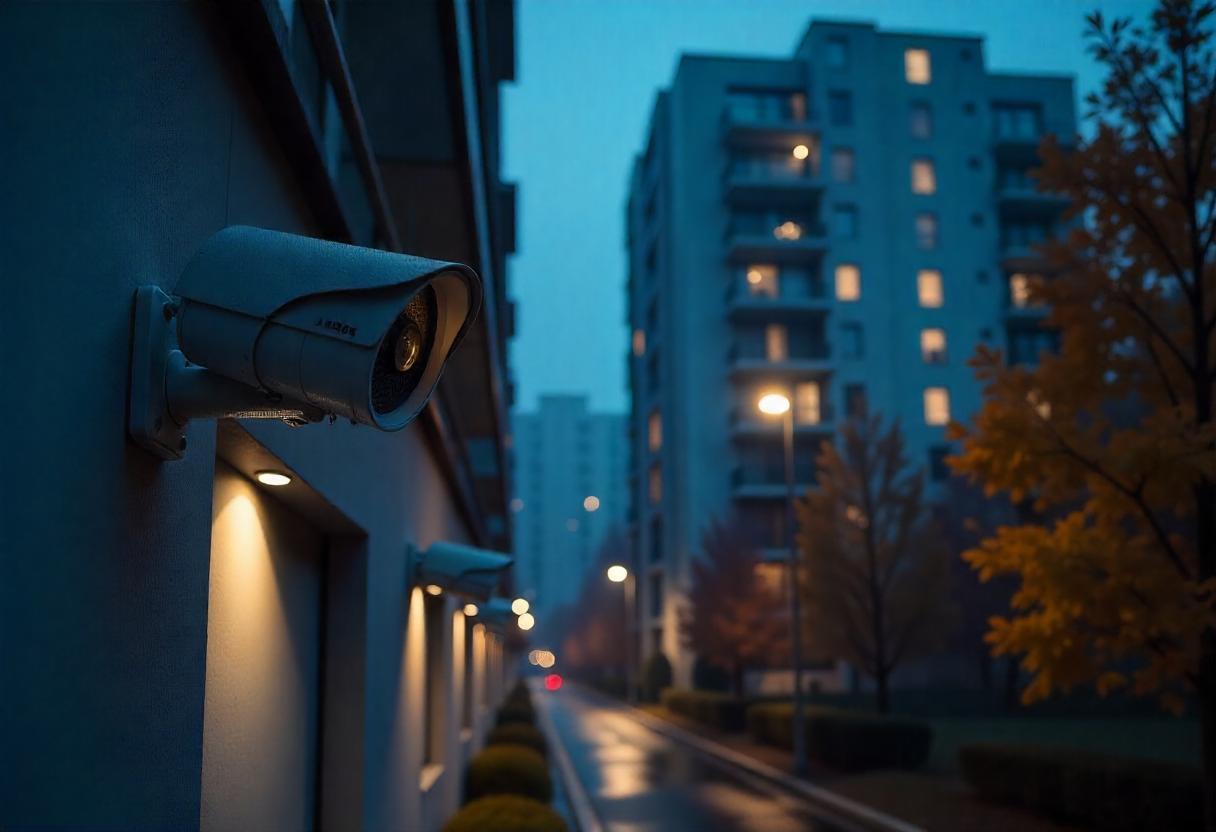 Câmera de segurança externa instalada em fachada de prédio residencial à noite