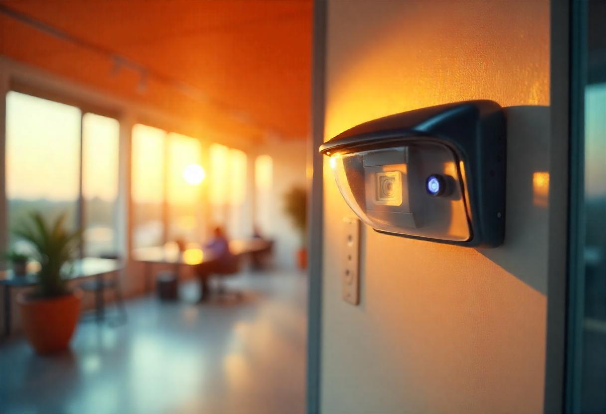 Câmera de segurança interna instalada em ambiente corporativo durante o pôr do sol