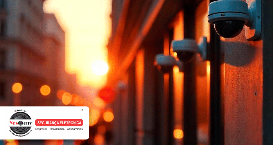 Câmeras de vigilância externas instaladas em uma fachada de prédio ao pôr do sol