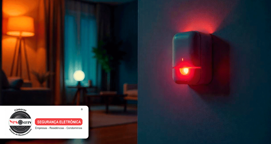 Alarme com detecção de movimento ativado em ambiente interno com luz vermelha acesa