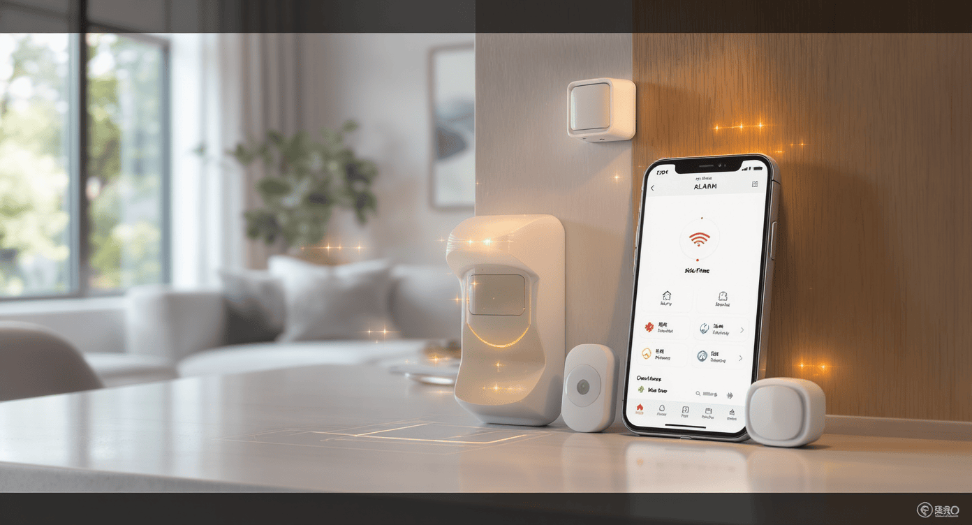Sistema de alarme inteligente com sensores e app no celular sobre mesa em ambiente residencial