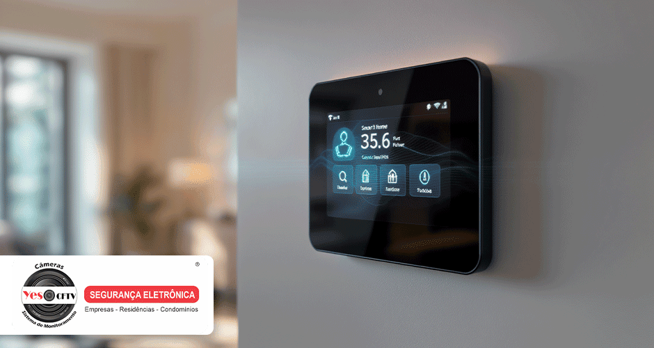Painel digital de controle de alarme inteligente instalado na parede de uma sala moderna